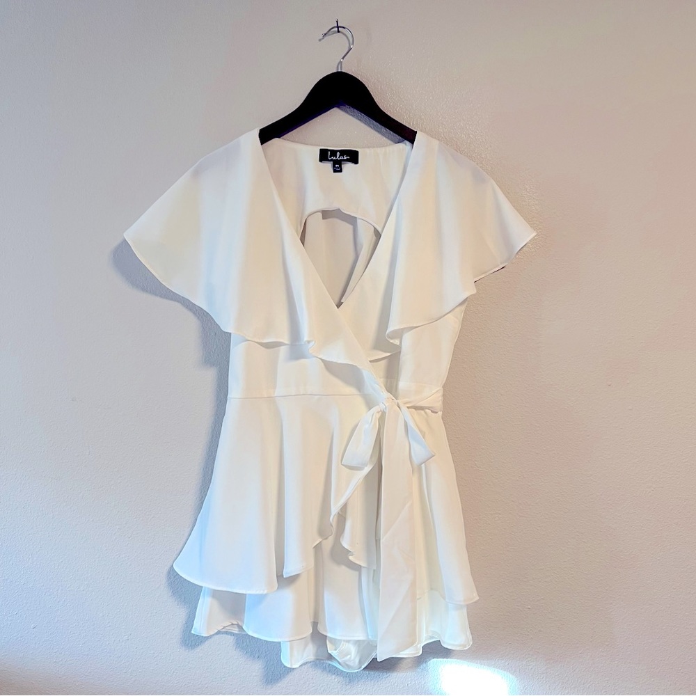 Lulus Aldrin White Ruffled Backless Wrap Skort Romper - Size M